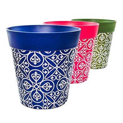 Hum Flowerpots, 22cm, 3 stycken, olika mönster, färger och storlekar, blomkrukor i plast för inomhus- och utomhusbruk Marockansk flerfärgad