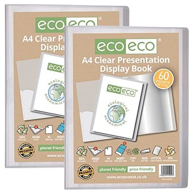 eco-eco A4 Size 50% Recycled 60 Pocket Clear Presentation Display Book, Storage Case Portfolio Art Folder with Plastic Sleeves, (Pack of 2), eco099x2