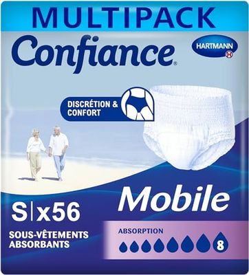 Confiance Mobile - Slips Absorbants pour Hommes et Femmes - Niveau d'Absorption = 8 gouttes (Fuites Urinaires Moyennes) - Discrets et efficaces - pH Neutre à la Peau - Taille S - 4x14 Unités