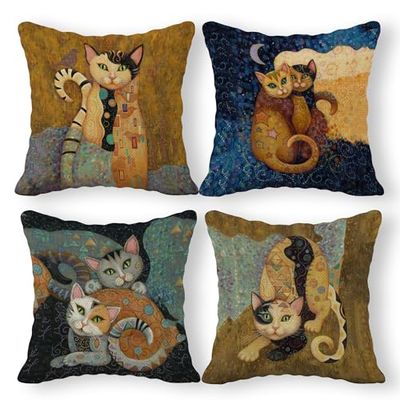Set di 4 federe per cuscino in lino con motivo astratto, 45 x 45 cm, regali per gli amanti dei gatti, divertente cuscino per la decorazione della camera dei bambini, regalo per proprietari di gatti,