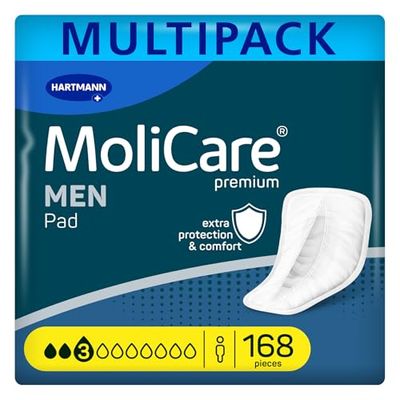 MoliCare Men Pad 3 Drops Discreet Incontinence Pads for Men, Protection for Light Leaks with Anti-Leak Guards, Instant-Dry Feeling, Advanced Skin Protection, 168 Pieces