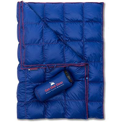 Get Out Gear Couverture de camping en duvet – Légère, chaude et pliable | Idéale pour la randonnée, les voyages, les festivals, la plage, le hamac | Puissance de remplissage de 650 degrés (bleu/rouge)