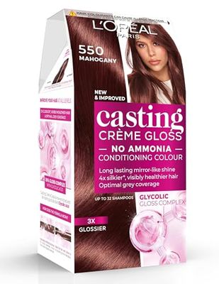 L'Oreal Paris Casting Creme Gloss semi-permanent hair dye, blends away grey hair leaving a radiant hair colour, brown hair dye 550 Mahogany