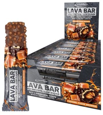 IronMaxx Lava Bar Protein Bar, Caramel Fudge Brownie 18 x 40g, High Protein bar with Creamy core and Crispy Topping, Low Sugar Protein bar Palm Oil Free and Without preservatives