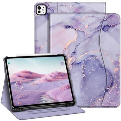 Fintie Fodral för iPad Pro 13 tum (M4) 2024, skyddande stativ med flervinkelvisning, pennhållare och ficka, automatiskt viloläge/väckning, lila marmor