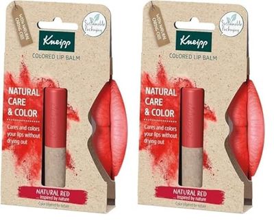 Kneipp, Bálsamo Labial con Color, Protector y Reparador Labial, Hidratante de Labios con Efecto Prolongado, Ingredientes Naturales, Pintalabios Color Rojo Natural Red (Paquete de 2)