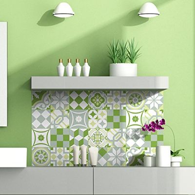 Ambiance Sticker Self-Adhesive Decorative Wall Decal Cement Tile for Bathroom and Kitchen Ornements Verdoyant - Pack of 24 Stickers of 15 x 15 cm