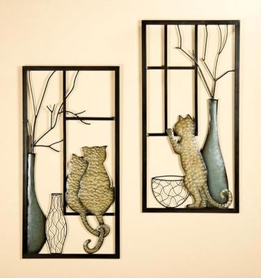 AlexandreHouse Pack of 2 Wall Relief, Rectangular, Cat Pattern, Metal, Brown, PU 2, 2 assorted, W. 40 cm, H. 80 cm