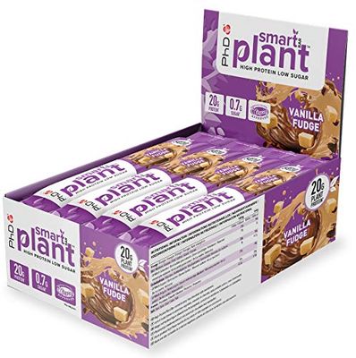 PHD SMART PLANT BAR Confezione da 12 Barrette Energetiche da 18 g di Proteine e Basso Contenuto di Zucchero, Vegane, Prive di Latte, Olio di Palma e OGM - Gusto Cioccolato & Vaniglia