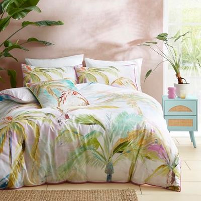 Appletree - Tropical Palm Leaves Duvet Cover - Single Bedding Size (140 x 200cm) - 100% Cotton - Pink Piped Edge - 1 Pillowcase - Green Tropical Bedding with Leaf - Jungle Duvet Cover in Pink