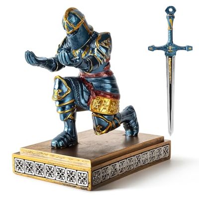 MACLARONX Kneeling Knight Pen Holder with Sword Medieval Warrior Fancy Pencil Stand for Office Desk Home Decor for Men Dad Husband Armor Soldier Statue