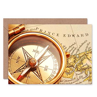 Wee Blue Coo ANTIQUE BRASS COMPASS OVER OLD CANADIAN MAP BLANK GREETINGS CARD