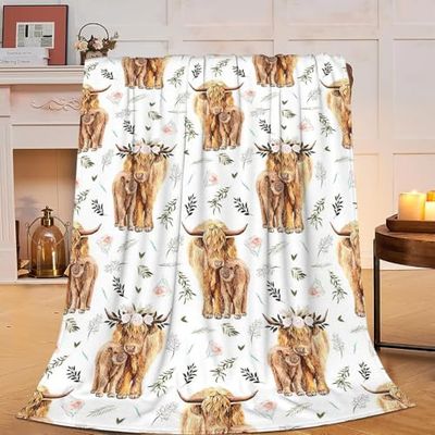 Highland Cow Print Blanket and Throws Cute Farm Animal Cow Gifts Throw Blankets Soft Cozy Fleece Plush Warm Flannel Bedding Blanket for Girls Kids Adults Couch Travel 40x50inch