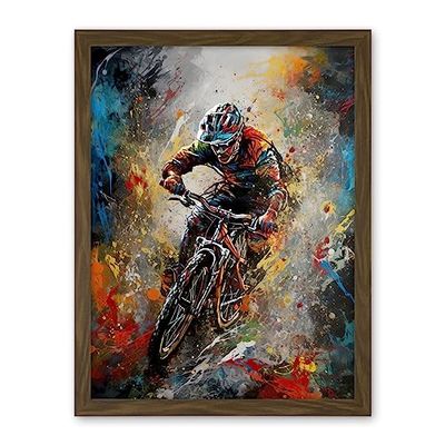 Artery8 Mountain Biker Paint Splat Action Shot Portrait Artwork Framed Wall Art Print 18X24 Inch