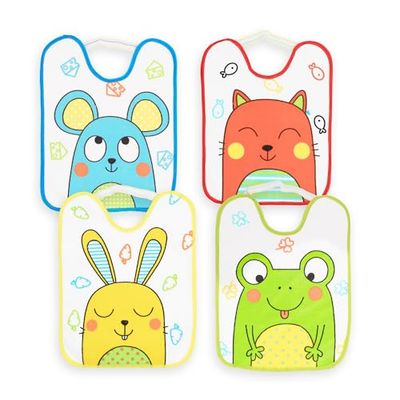 Pack de 4 Baberos Impermeables para Bebé con Cierre con Goma | Estampados Divertidos, 100% Poliéster Microfibra, Forro de Vinilo, Tamaño 24x31 cm | Para Bebés de 6 a 12 Meses, Ideal para Guarderías