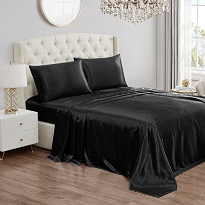 Juicy Couture satin lakanset i queen size, djup ficka, silkeslent satin queen lakanset med 1 dra-på-lakan, 1 platt lakan och 2 örngott, skrynkelbeständigt och anti-noppning – svart
