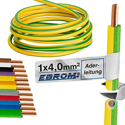 Cavo unipolare rigido a filamento singolo, verde/giallo, da 10 a 50 m (a scelta), lunghezza: 20 m, H07 V-U, 1 pezzo da 4 mm²