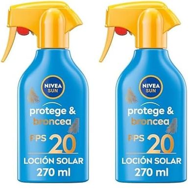 NIVEA SUN Protege & Broncea Spray Solar FP20 (1 x 270 ml), activador del bronceado, protección solar, crema bronceadora, protector solar hidratante, resistente al agua, pistola (Paquete de 2)