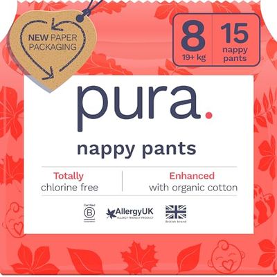 Pura Eco Nappy Pants - rozmiar 8 (19 kg+), 15 nóżek, odpinane szelki dla wrażliwej i alergicznej skóry, hipoalergiczne, bez zapachu, z łatwym bokiem