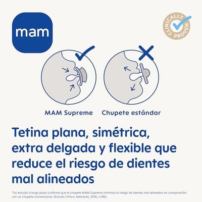 MAM MAM Supreme Fopspeen met geventileerd schild, vanaf 16 maanden, symmetrische speen plat, extra dun en flexibel, van siliconen, gemakkelijk aan te nemen, met zelfsteriliserende box, MAM Supreme,