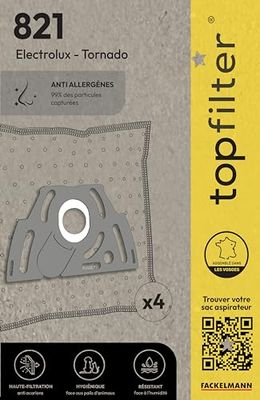 TopFilter 821, 4 sacs aspirateur pour Electrolux et Tornado boîte de sacs d'aspiration en non-tissé, 4 sacs à poussière (30 x 26 x 0,1 cm), Blanc