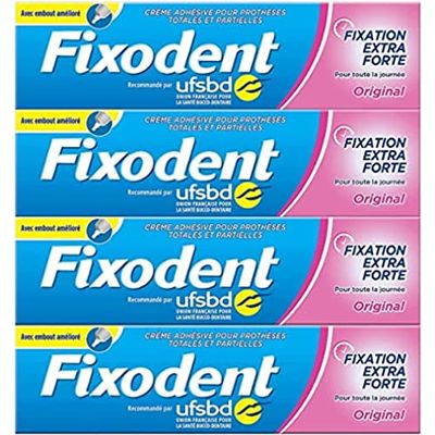 Fixodent Crema fissativa Originale Mega Pack, Adesivo per protesi dentarie, Fissaggio extra forte, Scudo Antibatterico, Menta Dolce, 4 x 47 g