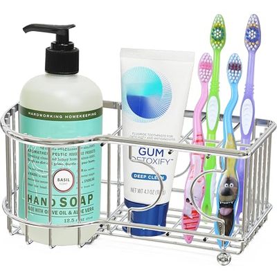 Simple Houseware Multifunctionele tandenborstelhouder met 6 sleuven, chroom