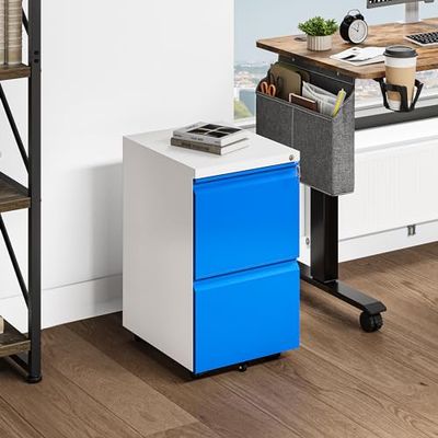 YITAHOME Rolcontainer met 2 schuifladen met afsluitbaar, mobiele archiefkast met wielen voor A4, legal, letter, metalen kantoorkast voor thuiskantoor, hangmappen, 51 x 39 x 71 cm, wit + blauw