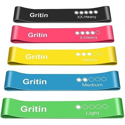 Gritin Weerstandsbanden, [Set van 5] Huidvriendelijke weerstand Fitness Oefenlusbanden met 5 verschillende weerstandsniveaus - Inclusief draagtas - Ideaal voor thuis, sportschool, yoga, training