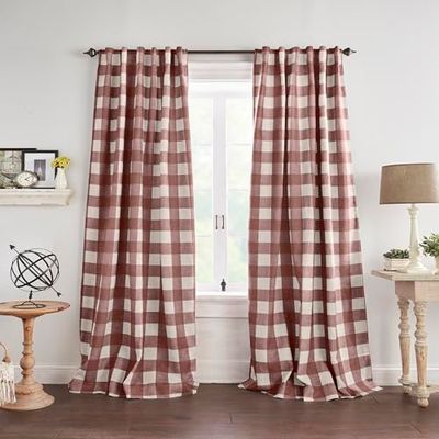 Elrene Farmhouse Living Grainger Rideau de fenêtre occultant en Polyester, Lin, Rouge, 132,1 x 213,4 cm (1 Panneau)