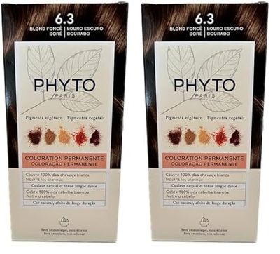 Phyto Color Kit 6.3 Biondo Scuro Dorato Colorazione Permanente senza Ammoniaca, 100% Copertura Capelli Bianchi (Confezione da 2)