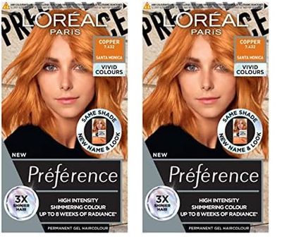 L'Oréal Paris Permanent Hair Colour, Long-Lasting Shine and Intense Colour, For up to 8 Weeks, Preference Vivids (Colorista), Copper 7.43, x2 pack