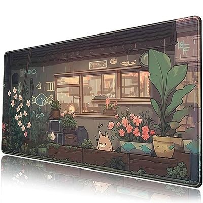 Tapis de bureau motif dessin animé japonais, motif chat mignon, plantes vertes, grand tapis de souris de jeu, tapis de souris XXL, tapis de souris étendu, tapis de clavier mignon, décoration de bureau