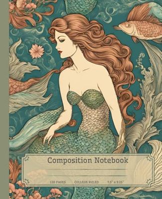 Vintage Mermaid Composition Notebook 120 Pages College Ruled 7.5"x9.25"