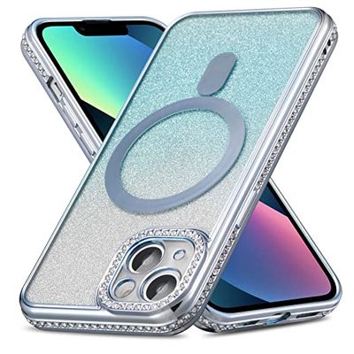 ZCDAYE Hoesje voor iPhone 13 Pro Max met diamant versierd, iPhone 13 Pro Max telefoonhoesje compatibel met draadloos opladen, blauwe rand gegalvaniseerd zacht TPU hoesje, blauw