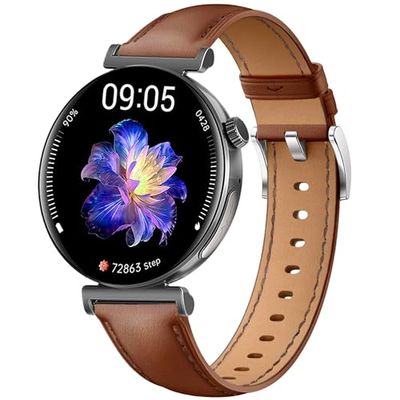 Knauermann PRO 3 Mini (2024) zwart - gezondheidshorloge smartwatch met telefoonfunctie - ECG + HRV en SOS-functie - AMOLED-display - BT Bluetooth - slaapapneu - rundleren band bruin, 14-24, rond,