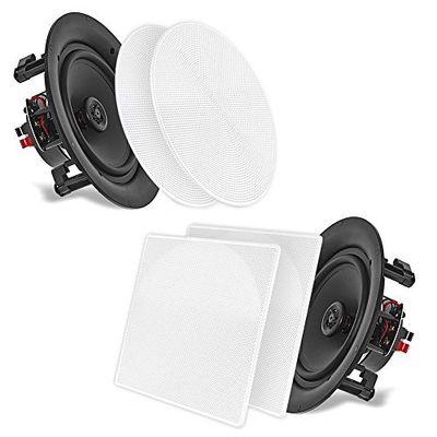 Pyle PDIC106 - Altavoces estéreo Dobles para Pared o Empotrado (10,0 Pulgadas, 250 W, 2 vías, Montaje Empotrado), Color Blanco Estándar con Cubierta Redonda y Cuadrada. Estándar Negro