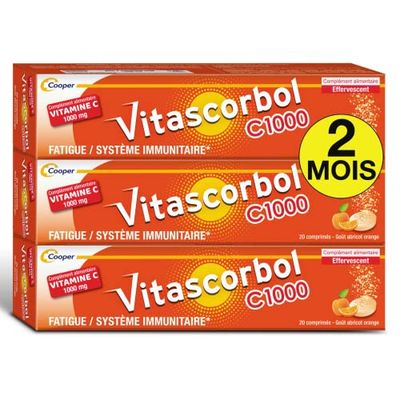 VITASCORBOL - Complément alimentaire à base de vitamine C 1000 mg - Fatigue et système immunitaire - Programme 20 jours - 20 comprimés effervescents - Lot de 3