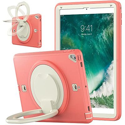 Case for iPad 2017/2018 9.7 Inch Triple Screen Protector Robust and Shockproof Protective Case with 360° Folding Rotating Stand Beige Powder Red