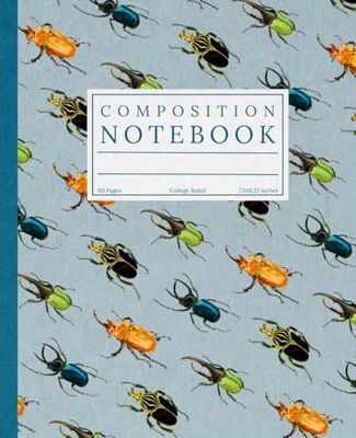 Composition Notebook, College Ruled: Horned Beetle Entomology Illustration: Light Blue Vintage Retro Aesthetic Insect Biology Journal