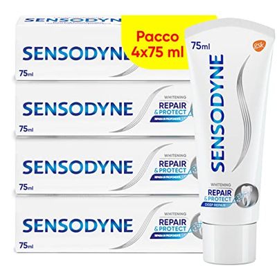 Sensodyne Repair & Protect Whitening, Effetto sbiancante, Dentifricio per Denti Sensibili, Uso Quotidiano, Pacco da 4x75 ml