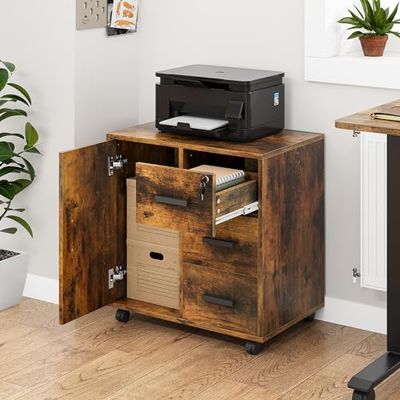 YITAHOME Armoire de rangement de bureau roulante à 3 tiroirs verrouillables pour la maison et le bureau, armoire de fichiers mobile, support d'imprimante, armoire de rangement, 60 x 40 x 57 cm (marron
