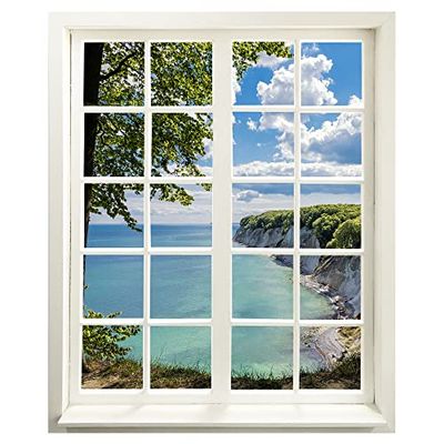 Adhesivo decorativo para pared, diseño de ventana con vistas al mar y bahía, 99 x 120 cm (ancho x alto)