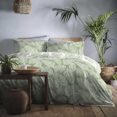 Fusion – Matteo Green Leaf påslakan – dubbel sängstorlek (200 x 200 cm) – vändbar design (vita och gröna färger) – grönt löv/löv påslakan – salviagröna sängkläder – Matteo Collection