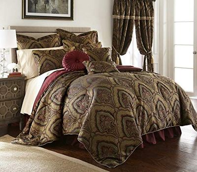 Chezmoi Collection Seville 9-delad Jacquard Svart Guld Rödbrun Röd Medaljong Paisley Överdimensionerat Täcke Set, King 280 cm x 96