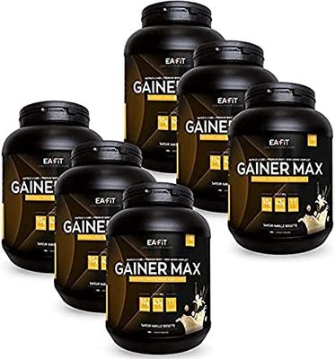 Eafit GAINER MAX 1,1 kg - Vanille Noisette - Format eco 6 Pots - Protéine musculation - Whey + œuf- Prise de masse - Vitamines Minéraux - 108 portions - Certifié anti-dopage - Noir - 6 x 1,1 kg