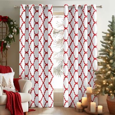 Melodieux Rideaux occultants Tendance marocains à Isolation Thermique avec œillets pour Salon, 106,7 x 213,4 cm, Blanc cassé/Rouge (2 Panneaux)