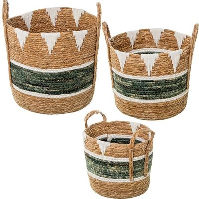 Set van 3 manden van zeegras en natuurlijk katoen, groen en wit, ø38 x 37 + ø34 x 31 + ø29 x 26 cm