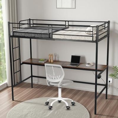 FurnitureR Lit Superposé 90x200 cm avec Table et 2 Prises de Courant+2USB, Lit en Mezzanine avec Echelle Latérale à Quatre Marches, Adapté aux Enfants et aux Adolescents, Fer + MDF, Brun Foncé