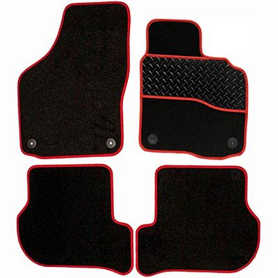 Sakura DD0592RD Tailored Car Mats, Black with Rubber Heelpad - Red Trim